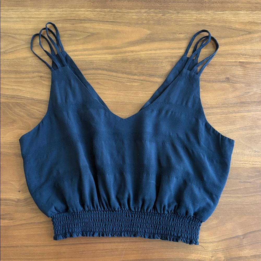 Free People Black Smocked Waist Crop Cami Strappy Bubble Blouson Top Size Small - Picture 3 of 5